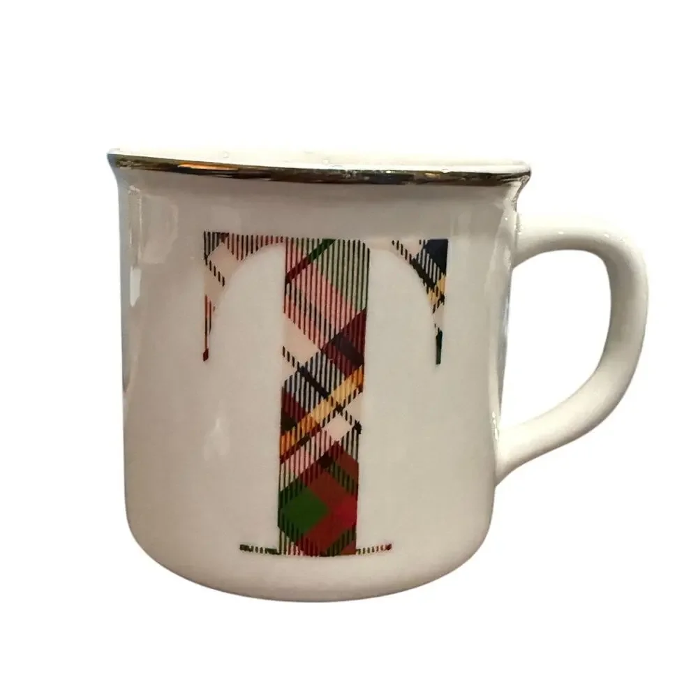 Pottery Barn Stewart Plaid Coffee Tea Mug Letter T Monogram 16oz Ceramic Holiday